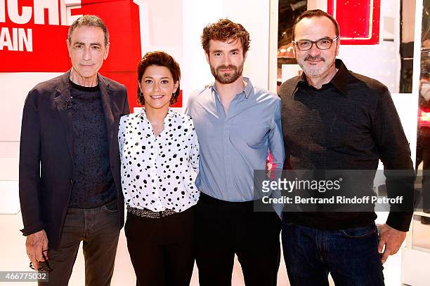 Actor and singer Alain Chamfort, Actors Emma de Caunes, Yannick Renier and Director Olivier Jahan present the movie "Les chateaux de sable" during...