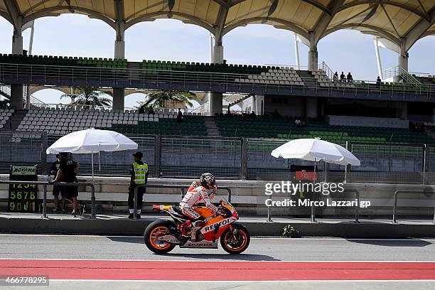 Marc Marquez of Spain and Repsol Honda Team starts from the box during the MotoGP Tests in Sepang - Day One at Sepang Circuit on February 4, 2014 in...