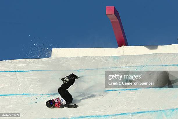 Cheryl Maas of New Zealand crashes during Snowboard Slopestyle practice at the Extreme Park at Rosa Khutor Mountain ahead of the Sochi 2014 Winter...