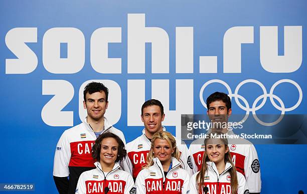 Eric Radford, Meagan Duhamel, Dylan Moscovitch, Kristen Moore-Towers, Paige Lawrence and Rudi Swiegers attend a Canada Figure Skating pairs press...