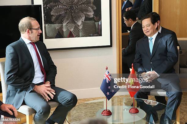 Vietnamese Prime Minister Nguyen Tan Dun meets with New Zealand's Leader of the Opposition Andrew Little at Sky City Grand Hotel on March 19, 2015 in...