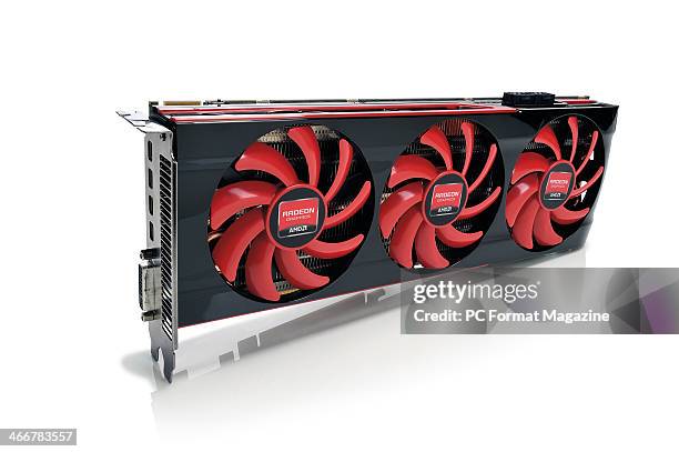 An AMD Radeon HD7990 dual-GPU graphics card photographed on a white background, taken on April 29, 2013.