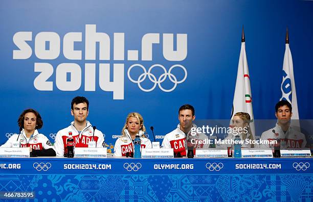 Meagan Duhamel, Eric Radford, Kristen Moore-Towers, Dylan Moscovitch, Paige Lawrence and Rudi Swiegers attend a Canada Figure Skating pairs press...