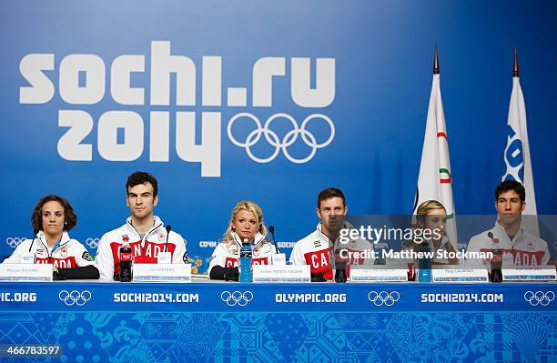 Meagan Duhamel, Eric Radford, Kristen Moore-Towers, Dylan Moscovitch, Paige Lawrence and Rudi Swiegers attend a Canada Figure Skating pairs press...