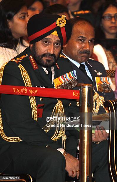 Indian Army Chief General Bikram Singh and Air Chief Marshal Arup Raha at an awards ceremony at the Presidential Palace on February 4, 2014 in New...