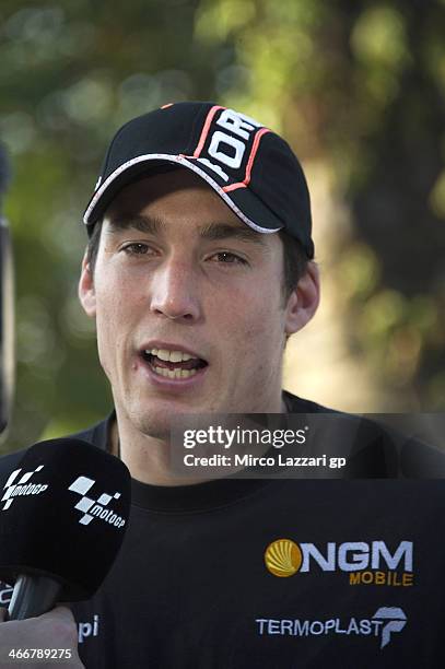 Aleix Espargaro of Spain and NGM Mobile Forward Racing speaks with journalists during the MotoGP Tests in Sepang - Day One at Sepang Circuit on...