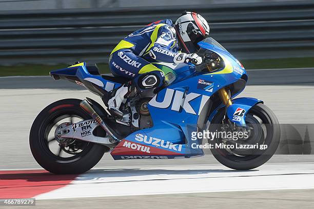 Randy De Puniet of France and Suzuki Test Team heads down a straight during the MotoGP Tests in Sepang - Day One at Sepang Circuit on February 4,...