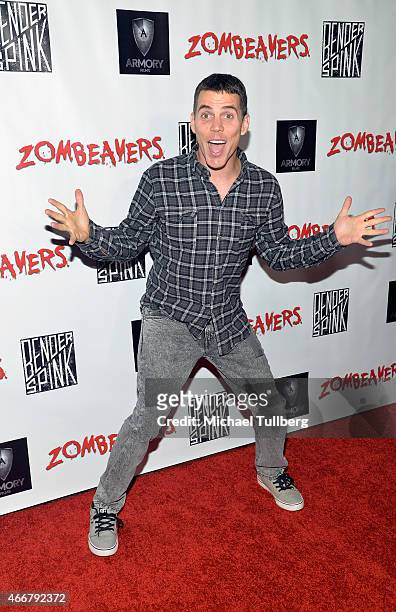 Actor Steve-O attends the premiere of Freestyle Releasing's new film "Zombeavers" at The Theatre At The Ace Hotel on March 18, 2015 in Los Angeles,...