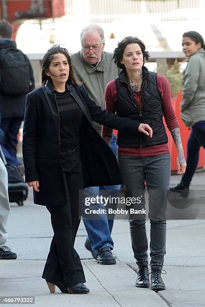 Jaimie Alexander and Audrey Esparza on the set of "Blindspot" on March 18, 2015 in New York City.