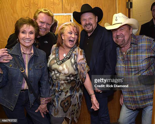 Jan Howard, Lee Roy Parnell, Tanya Tucker, Moe Bandy and Johnny Lee backstage during the All-Star Whitey Shafer Benefit, Hosted By Moe Bandy at The...