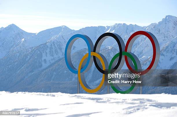 The Olympic rings are seen ahead of the Sochi 2014 Winter Olympics at the Laura Cross-Country Ski and Biathlon Center on February 4, 2014 in Sochi,...