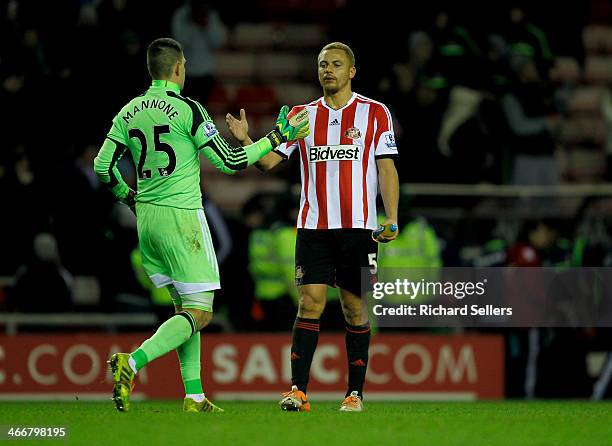 Sunderland's Vito Mannone and Wes Brown after the win during Barclays Premier League match between Sunderland and Stoke City at Stadium of Light on...