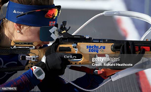 Synnove Solemdal of Norway practices for the biathlon ahead of the Sochi 2014 Winter Olympics at the Laura Cross-Country Ski and Biathlon Center on...