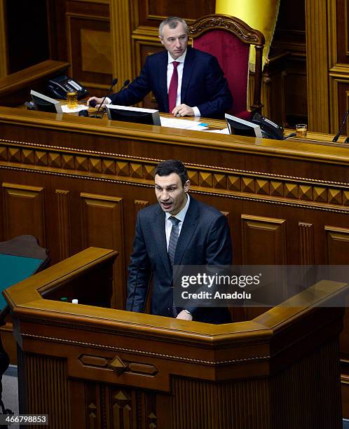 Ukrainian chairman of the Ukrainian opposition party, Vitali Klitschko, speaks during a parliament session in Kiev, Ukraine on February 4, 2014....