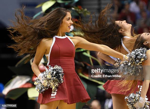 Stanford Cardinal Dollie Shelby Mynhier performs during a quarterfinal game of the Pac-12 Basketball Tournament against the Utah Utes at the MGM...