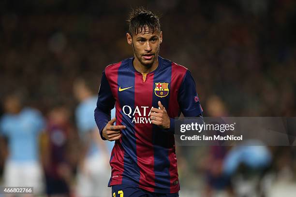 Neymar of Barcelona looks on during the UEFA Champions League Round of 16 match between Barcelona and Manchester City at Camp Nou on March 18, 2015...