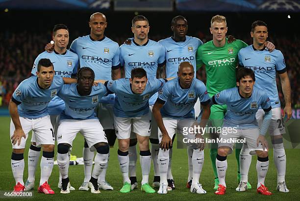 Manchester City pose for a team photo during the UEFA Champions League Round of 16 match between Barcelona and Manchester City at Camp Nou on March...