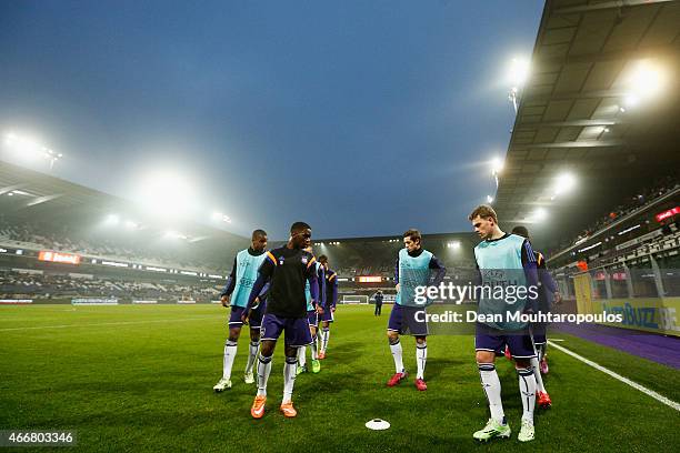 The Anderlecht players warm up prior to the UEFA Youth League quarter final match between RSC Anderlecht and FC Porto at Constant Vanden Stock...