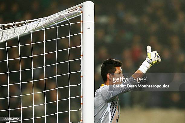 Goalkeeper, Gudino of Porto signals to his team mates during the UEFA Youth League quarter final match between RSC Anderlecht and FC Porto at...
