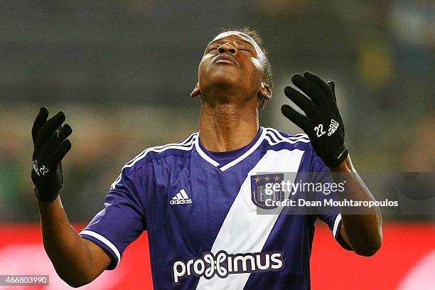 Dodi Lukebakio of Anderlecht reatcs to a missed a chance on goal during the UEFA Youth League quarter final match between RSC Anderlecht and FC Porto...