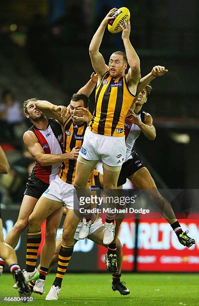 Jarryd Roughead of the Hawks marks the ball during the NAB Challenge AFL match between St Kilda Saints and Hawthorn Hawks at Etihad Stadium on March...