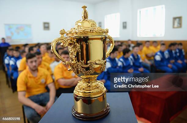 The Webb Ellis Cup arrives at Colegiul Tehnic Dinicu Golescu school during the Rugby World Cup Trophy Tour in partnership with Land Rover and DHL...