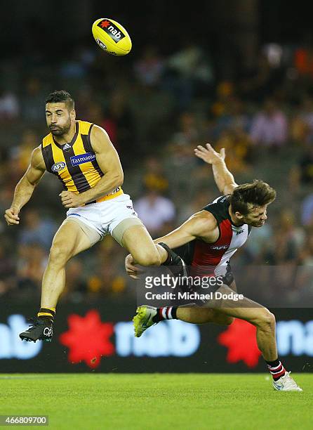Paul Puopolo of the Hawks competes for the ball during the NAB Challenge AFL match between St Kilda Saints and Hawthorn Hawks at Etihad Stadium on...