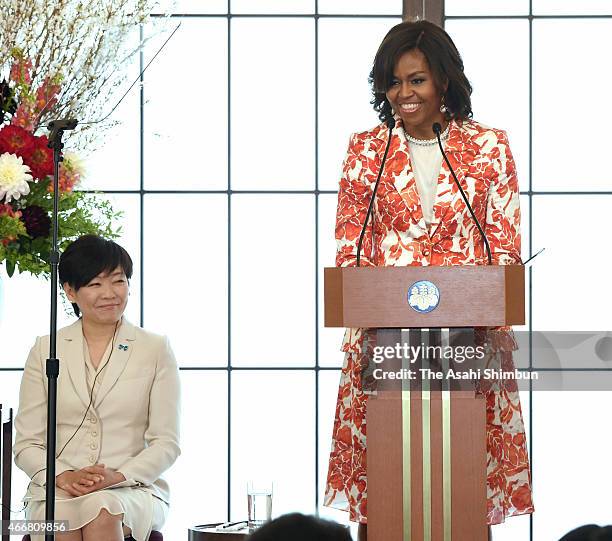 First lady Michelle Obama addresses while Japanese first lady Akie Abe listens during the Japan-U.S. Joint girls education event at Iikura Guest...