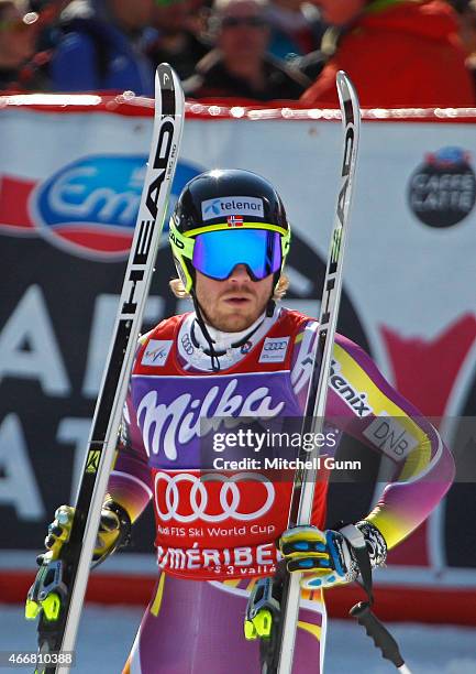 Kjetil Jansrud of Norway reacts in the finish area of the FIS Alpine Ski World Cup men's Super-G race on March 19, 2015 in Meribel, France.