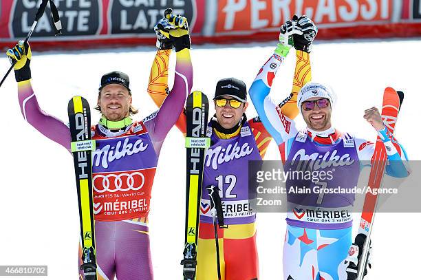 Dustin Cook of Canada takes 1st place, Kjetil Jansrud of Norway takes 2nd place and wins the overall SuperG World Cup globe, Brice Roger of France...