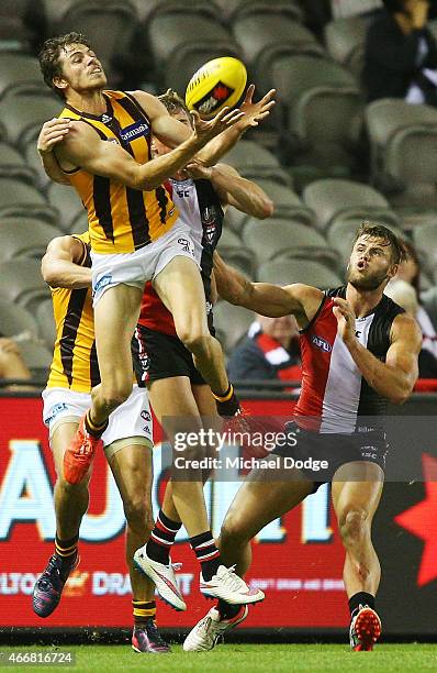 Isaac Smith of the Hawks marks the ball during the NAB Challenge AFL match between St Kilda Saints and Hawthorn Hawks at Etihad Stadium on March 19,...