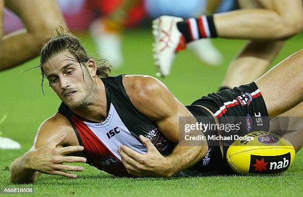 Josh Bruce of the Saints drops a mark during the NAB Challenge AFL match between St Kilda Saints and Hawthorn Hawks at Etihad Stadium on March 19,...