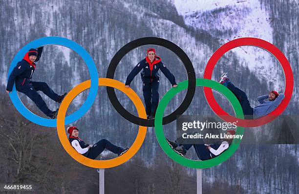 Dominic Harrington, Ben Kilner and Billy Morgan of the Great Britain Snowboard Team pose for a portrait with Rebekah Wilson and Paula Walker of the...