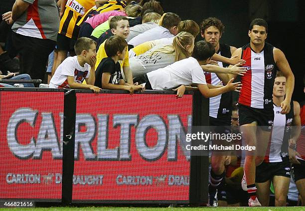 Leigh Montagna of the Saints runs out during the NAB Challenge AFL match between St Kilda Saints and Hawthorn Hawks at Etihad Stadium on March 19,...