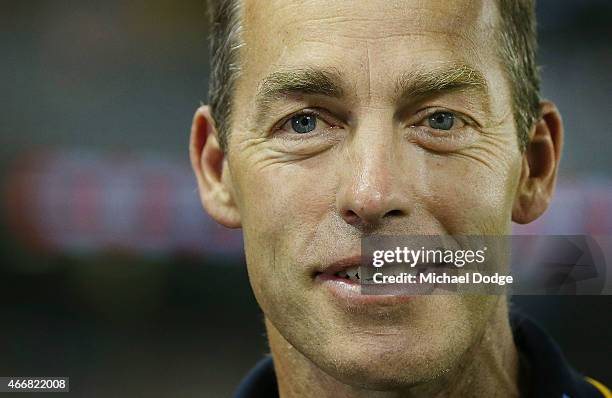 Hawks head coach Alastair Clarkson speaks to media during the NAB Challenge AFL match between St Kilda Saints and Hawthorn Hawks at Etihad Stadium on...