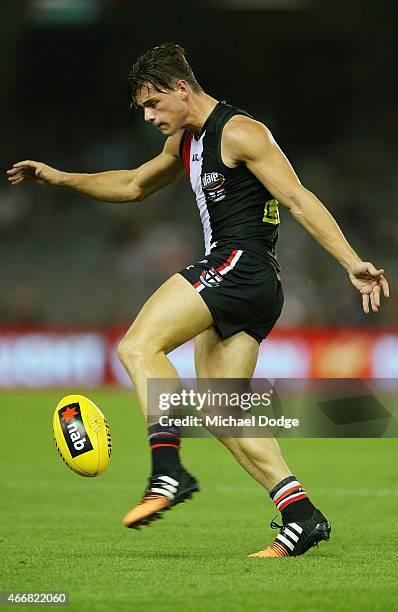 Jack Sinclair of the Saints kicks the ball during the NAB Challenge AFL match between St Kilda Saints and Hawthorn Hawks at Etihad Stadium on March...