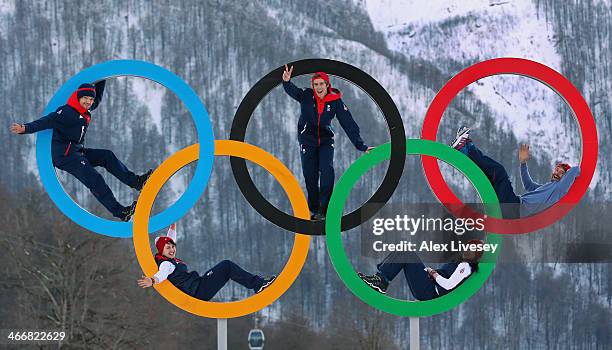 Dominic Harrington, Ben Kilner and Billy Morgan of the Great Britain Snowboard Team pose for a portrait with Rebekah Wilson and Paula Walker of the...