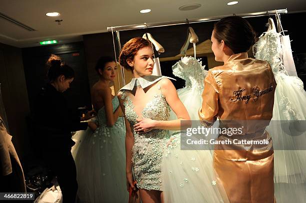 Models backstage before the Tony Yaacoub show as part of Paris Fashion Week Haute-Couture Spring/Summer 2014 at the W Hotel on January 22, 2014 in...