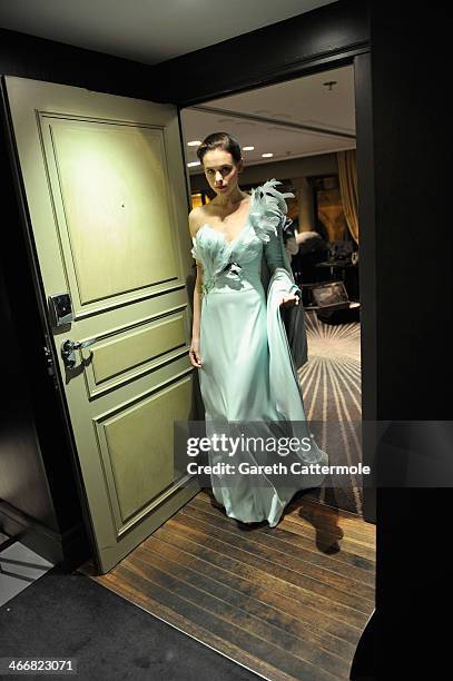 Model backstage before the Tony Yaacoub show as part of Paris Fashion Week Haute-Couture Spring/Summer 2014 at the W Hotel on January 22, 2014 in...