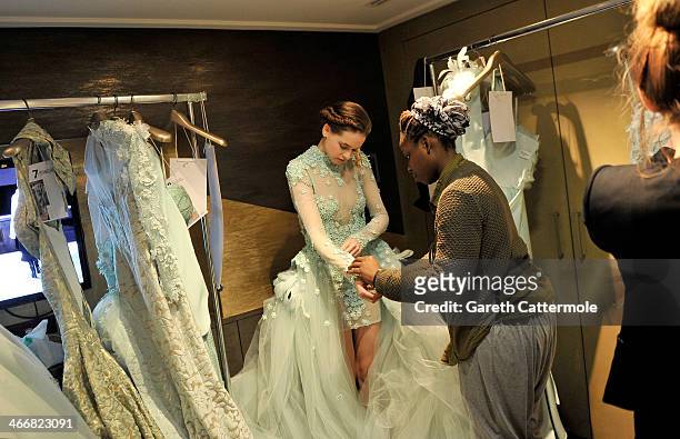 Model backstage before the Tony Yaacoub show as part of Paris Fashion Week Haute-Couture Spring/Summer 2014 at the W Hotel on January 22, 2014 in...