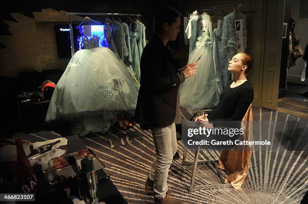 Model backstage before the Tony Yaacoub show as part of Paris Fashion Week Haute-Couture Spring/Summer 2014 at the W Hotel on January 22, 2014 in...