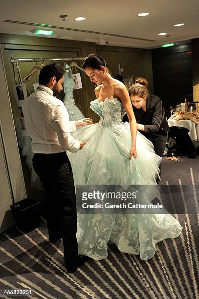 Designer Tony Yaacoub backstage before his show as part of Paris Fashion Week Haute-Couture Spring/Summer 2014 at the W Hotel on January 22, 2014 in...