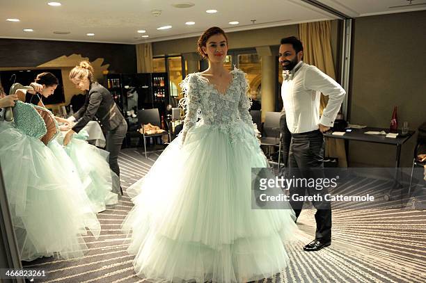 Designer Tony Yaacoub backstage before his show as part of Paris Fashion Week Haute-Couture Spring/Summer 2014 at the W Hotel on January 22, 2014 in...