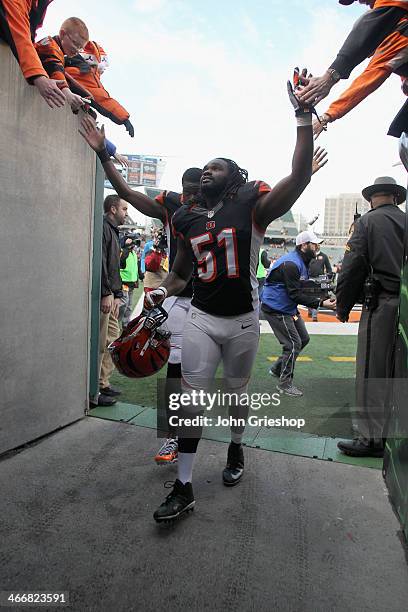 Jayson DiManche of the Cincinnati Bengals celebrates a victory during the game against the Minnesota Vikings at Paul Brown Stadium on December 22,...