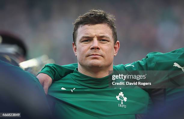 Brian O'Driscoll of Ireland looks on in the anthems during the RBS Six Nations match between Ireland and Scotland at the Aviva Stadium on February 2,...