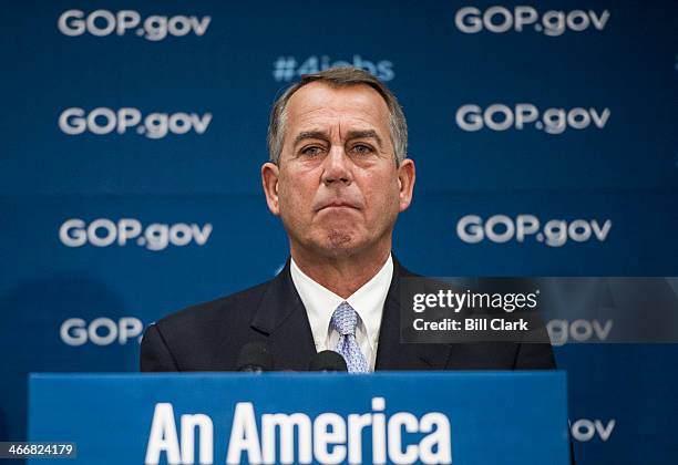 Speaker of the House John Boehner, R-Ohio, addresses the media following the House Republican Conference meeting in the basement of the Capitol on...