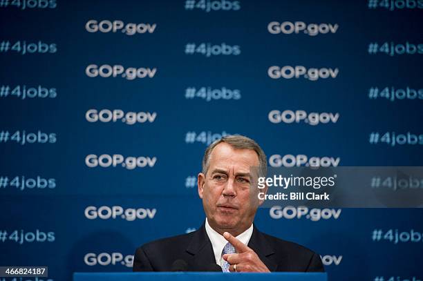 Speaker of the House John Boehner, R-Ohio, addresses the media following the House Republican Conference meeting in the basement of the Capitol on...