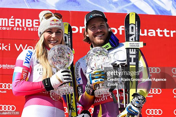 Kjetil Jansrud of Norway and Lindsey Vonn of the USA both win the overall SuperG and Downhill World Cup globes during the Audi FIS Alpine Ski World...