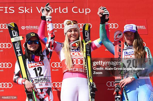 Lindsey Vonn of the USA takes 1st place and wins the overall SuperG World Cup globe, Anna Fenninger of Austria takes 2nd place and Tina Maze of...