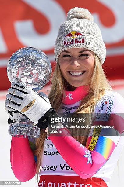Lindsey Vonn of the USA takes 1st place and wins the overall SuperG World Cup globe during the Audi FIS Alpine Ski World Cup Finals Women's Super G...